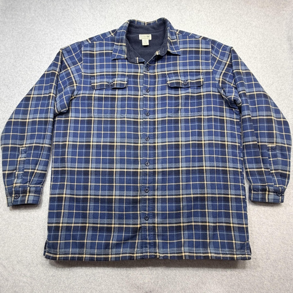 LL Bean Fleece Lined Flannel Shirt Mens XL Tall Blue Plaid Long Sleeve Shacket